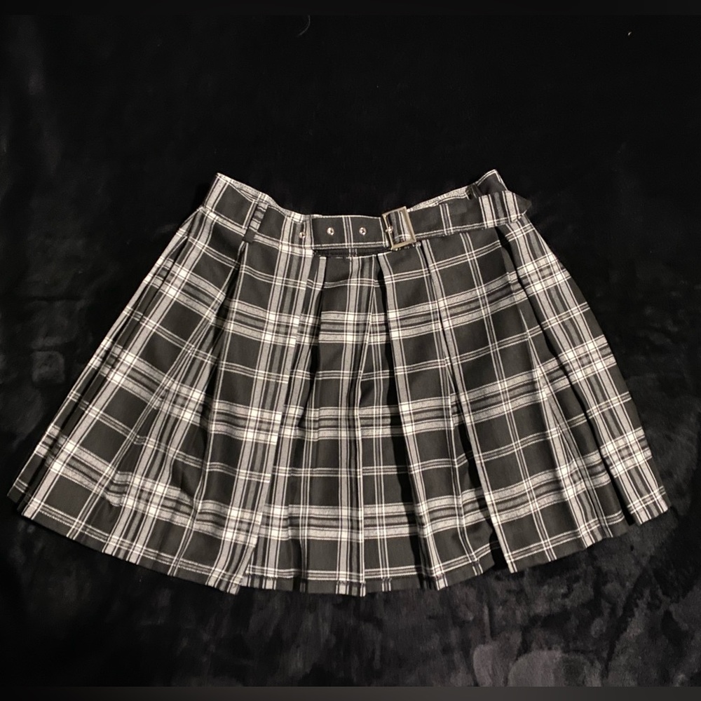Lychee The Label Latte Adjustable Side Slit Plaid Skirt